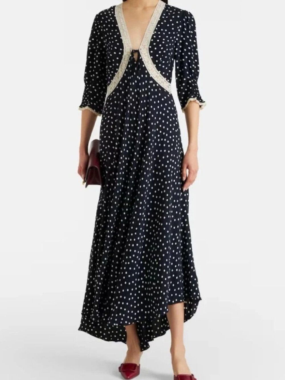 Rixo Amina Polka Dot Crepe Midi Dress Lace Asymmetrical Puff Sleeves L-12 290228
